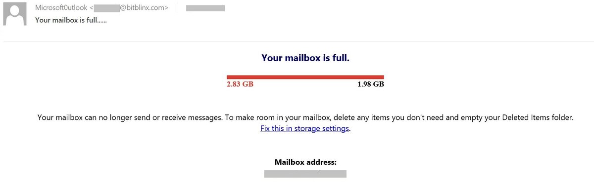 Типичное фишинговое письмо, использующее уловку с переполненным ящиком