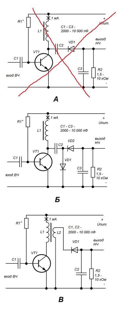 Фрагменты схем приемников прямого усиления с детекторами.