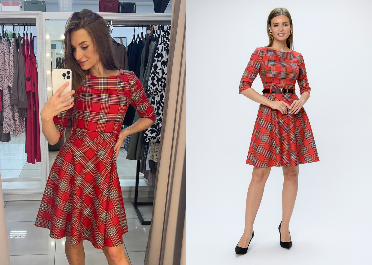 Платье красное в клетку с рукавами ¾ — на сайте и в жизни