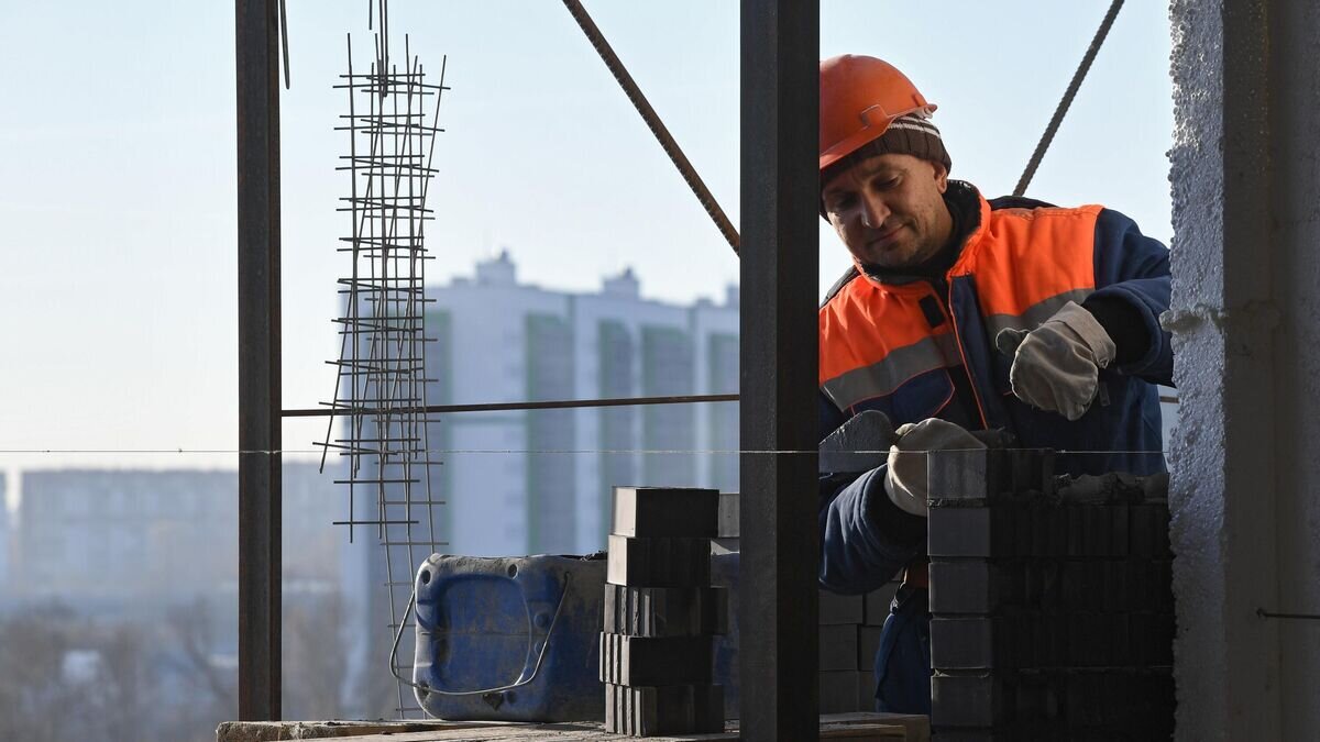    Рабочий кладет кирпич на строительной площадке жилого комплекса в Новосибирске© РИА Новости / Александр Кряжев