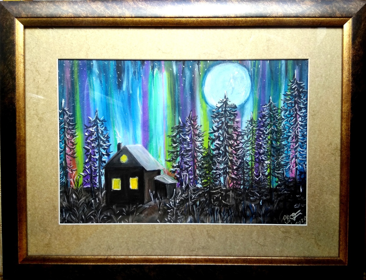 Фото автора. Авторская работа "Северное сияние" пастель, оформлено в багет, паспарту и под стекло, продается.