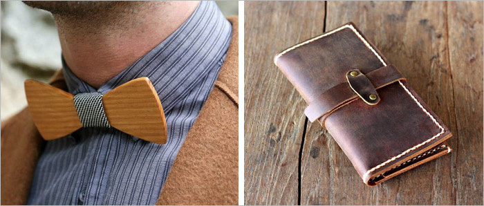 Пример деревянной бабочки и кожаного кошелька ручной работы