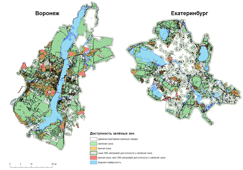 
Карты доступности зеленых зон в Воронеже и Екатеринбурге
