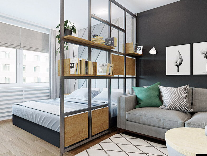 Разграничение комнаты с помощью стеллажа или легкой перегородки