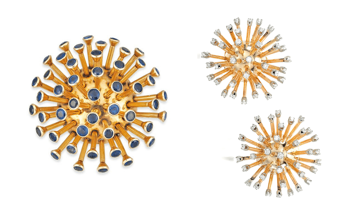 Золотая брошь с сапфирами и золотые серьги с бриллиантами Спутники, Cartier