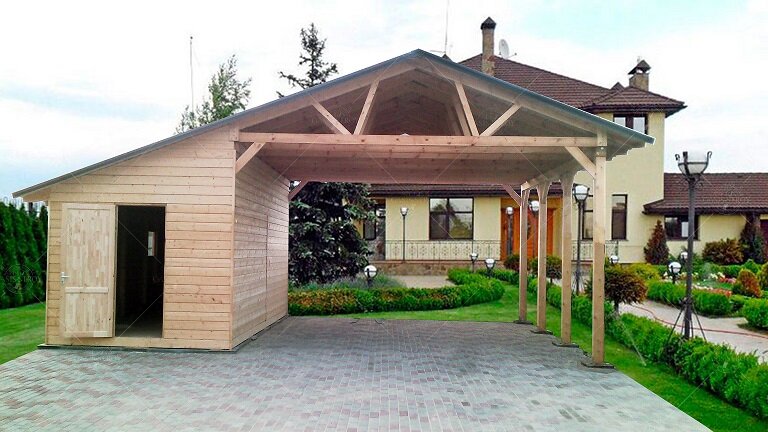 На фото - деревянный навес для авто с хозблоком 5Х6 oasis-stroy.ru