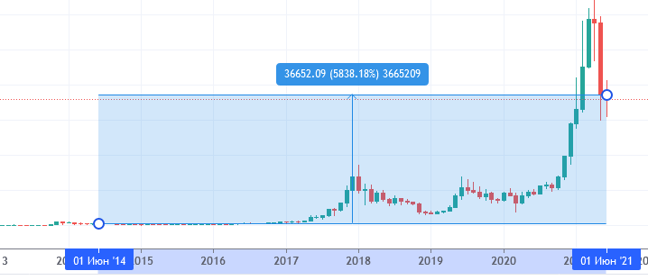 Рост цены биткойна с 01 июня 2014 года по 01 июня 2021 года. Источник TradingView.com
Вы бы удержали эту позицию?