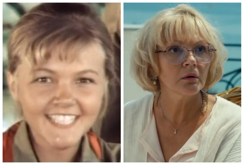Марина Дюжева в фильмах "Засекреченный город" (1974) и "Моя любимая свекровь 2" (2017). Коллаж (скриншоты кадров)