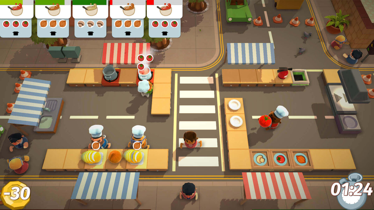 OVERCOOKED — кулинарная игра для 1–4 игроков. Работайте в команде и готовьте блюда, пока клиенты не покинули ресторан. Заточите ножи и отряхните поварские куртки, стейки очень высоки! 