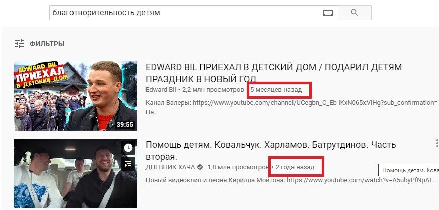 Пример выдачи YouTube-поиска по запросу "благотворительность детям". На 1 месте выдачи ролик 5-месячной давности, на 2 месте ролик 2-летней давности. Получается, вы сняли один раз, а люди находят и смотрят ваше видео несколько лет.