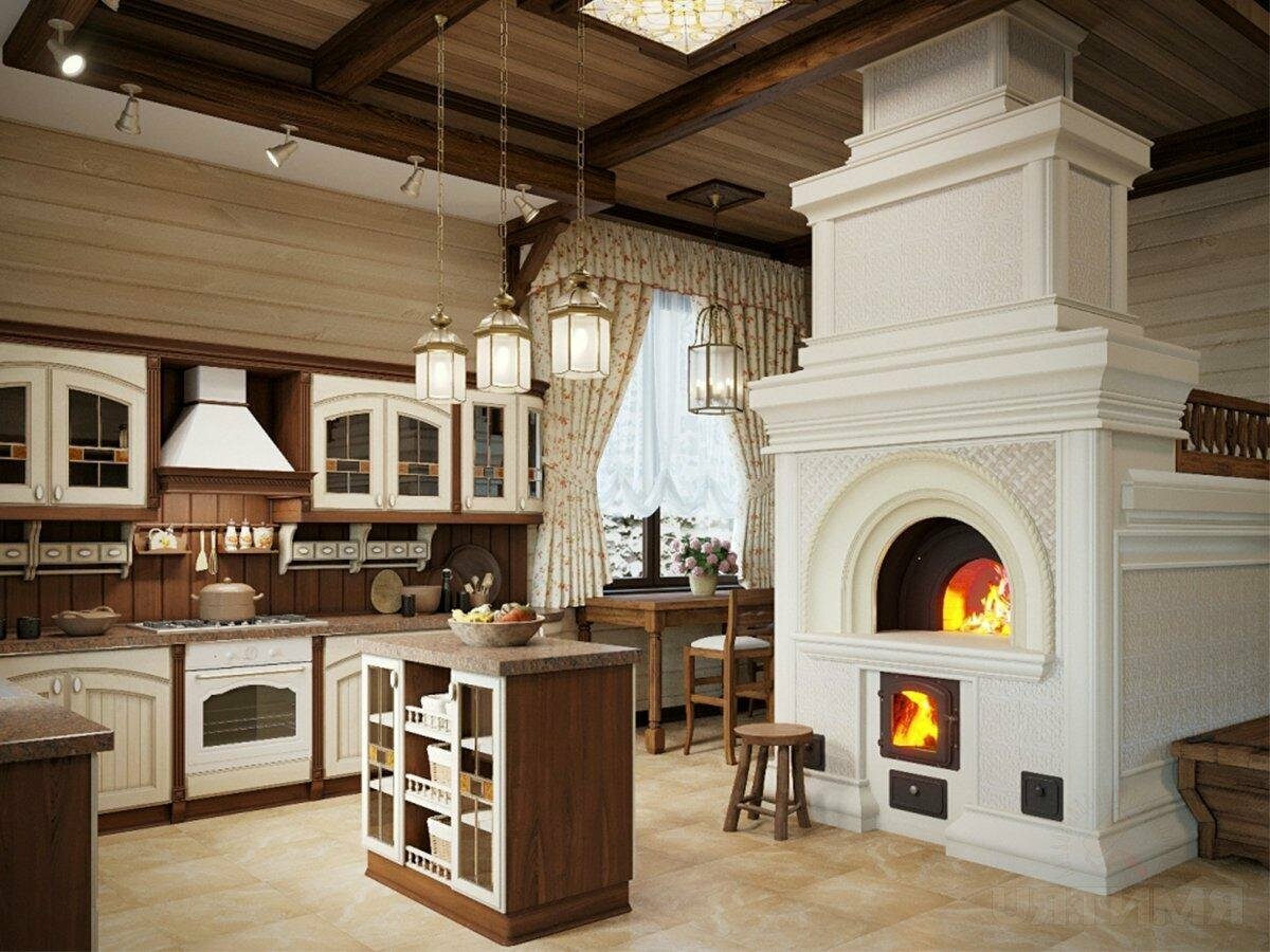Дизайн кухни гостиной с камином. Фото в интерьере