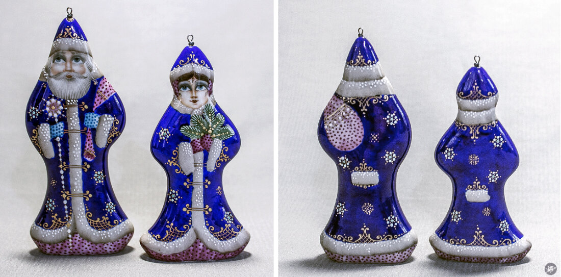 Елочная игрушка "Дед Мороз и Снегурочка". Кобальт. Эмаль. Золочение.