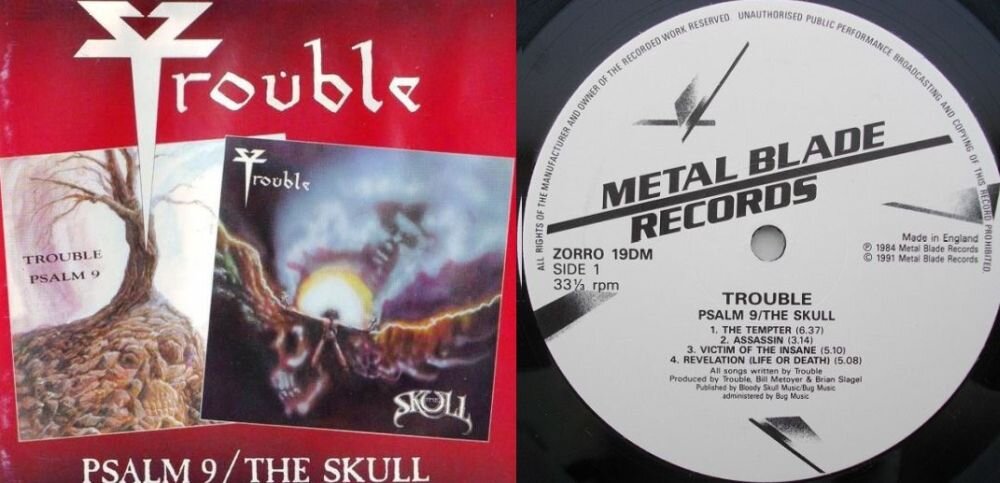 Конверт двойного винилового выпуска переиздания 1991 г. двух первых альбомов группы Trouble - "Psalm 9" (1984 г.) и "The Skul" (1985 г.)