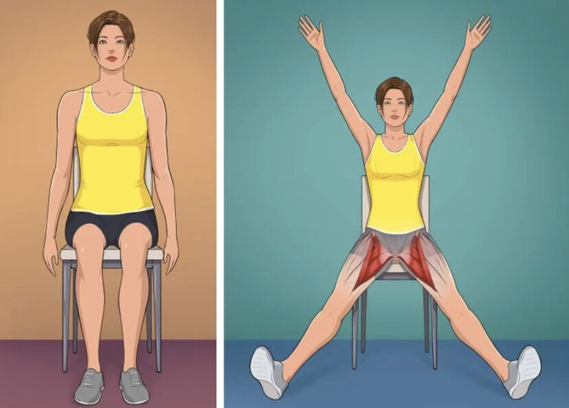 ⠀⠀Это упражнение готовит сердечно-сосудистую систему к тренировке, повышает мышечный тонус и укрепляет внутреннюю поверхность бедер.
 • Сядьте прямо, сведите колени вместе, опустите руки на стул.
 • Вытяните руки над головой, одновременно разводя ноги в стороны.
 • Повторите как можно быстрее 20 раз.