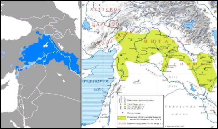 Распространение современного курдского(слева) и древнего хурритского языков удивительно похожи. (википедия)