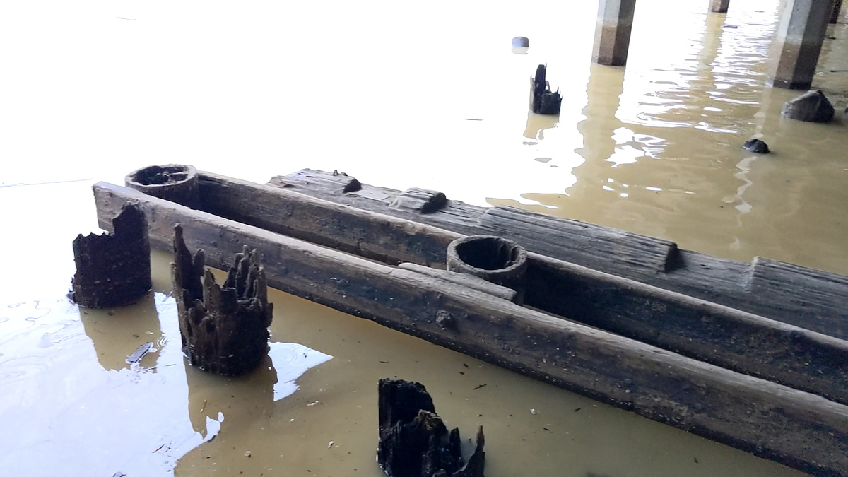 Сгнившие деревянные опоры моста