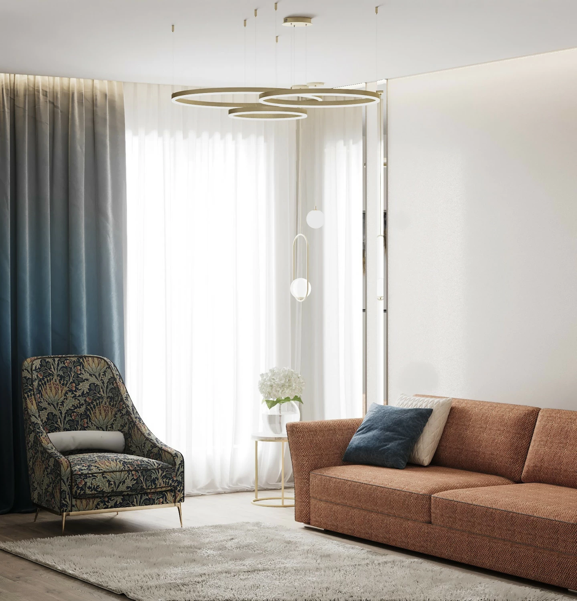 Помещения на первом этаже «перетекают» друг в друга за счёт свободной планировки. Панорамные окна, выходящие на южную сторону, наполняют дом светом и теплом. 