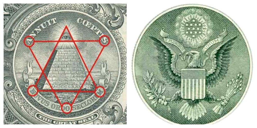 Два треугольника образуют анаграмму "Mason" 
Лицевая сторона Большой печати 1 доллара США 