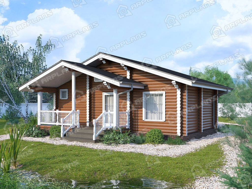 Фото 1 одноэтажного деревянного дома из бревна с 1 спальней и террасой. 40 кв м. Источник arplans.ru Проект ДО-155