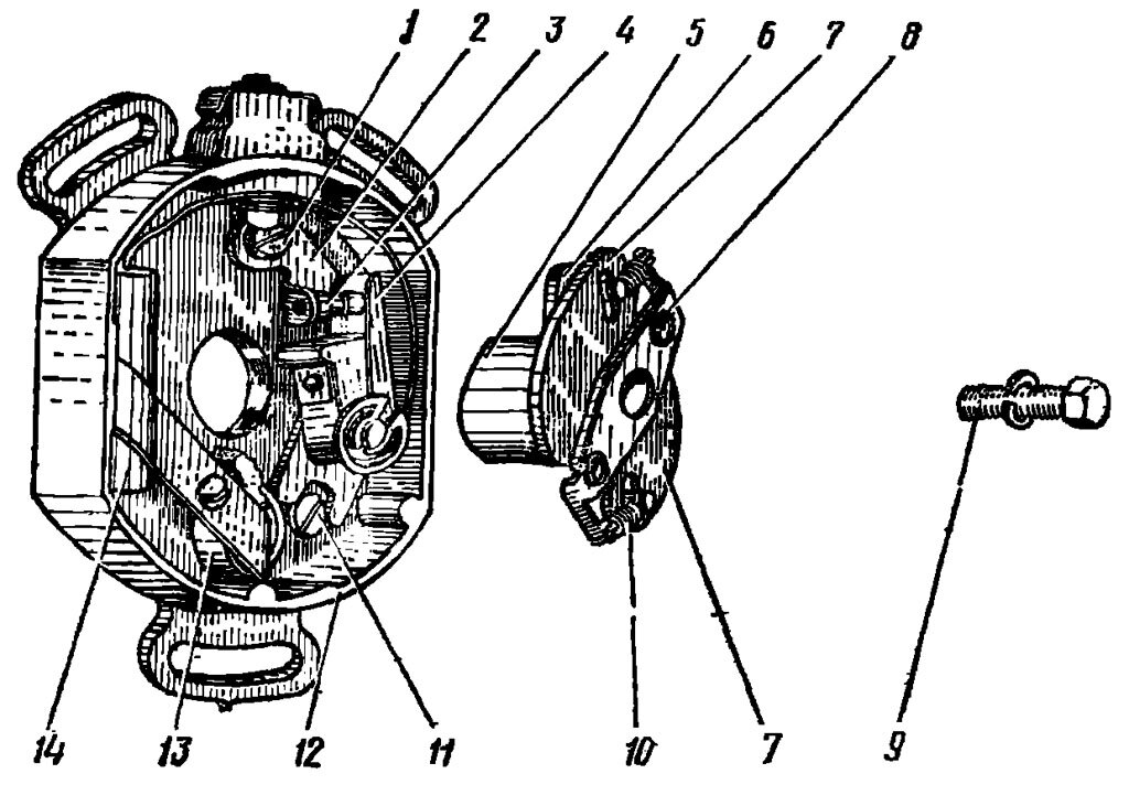 Прерыватель с автоматом опережения зажигания:
1-винт стопорный контактной стойки; 2-стойка контактная; 3-контакт неподвижный; 4-рычаг с контактом; 5-кулачок; б-пластина с осями; 7-грузики; 8-пластина неподвижная; 9-болт крепления автомата; 10-пружина автомата; 11-винт регулировочный; 12-корпус; 13-стойка с фильдем: 14-конденсатор 
