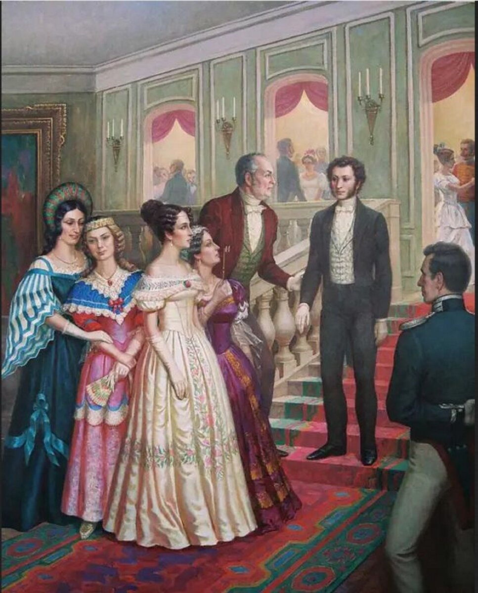 В. Комаров.  «А. С. Пушкин и Н. Н. Гончарова. Знакомство». Источник: https://zhiznteatr.mirtesen.ru/blog/43086633427/Venchanie-Pushkina-i-Goncharovoy