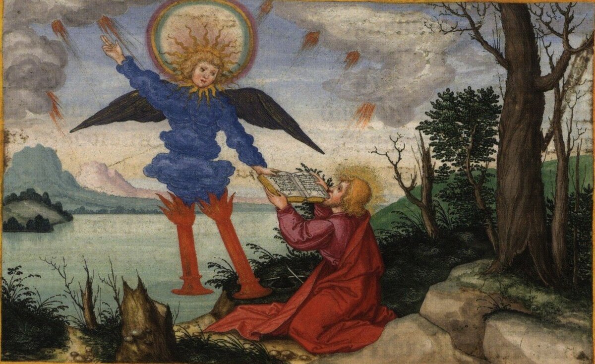 Матиас Герунг - иллюстратор библии Оттхайнриха. 1425-1430 гг. Ангел сильный передает Иоанну книжку. Изображение взято в открытых источниках.