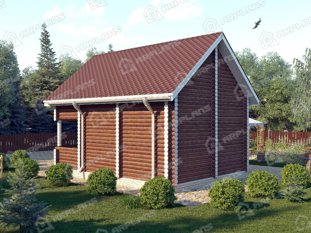 Фото 2 деревянного дома из бревна с мансардой, 1 спальней, балконом и террасой. Площадь 90 кв м. Источник arplans.ru Проект ДО-014