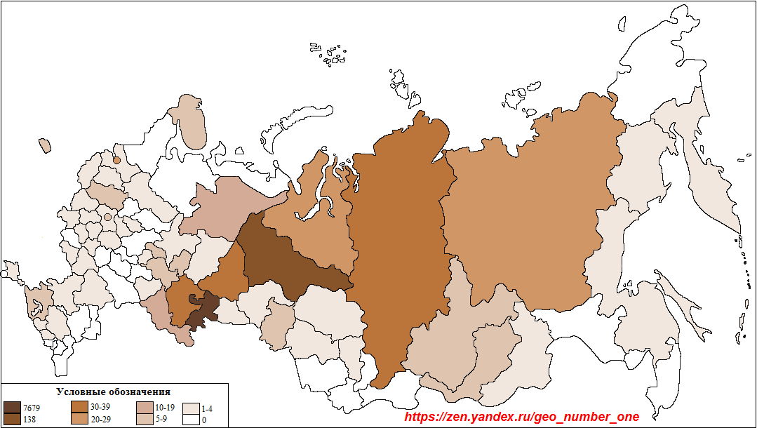 Распределение нагайбаков по регионам России в 2010 г., чел. (здесь и далее составлено автором по переписным данным). Сведения по Крыму и Севастополю приведены по данным 2014 г.