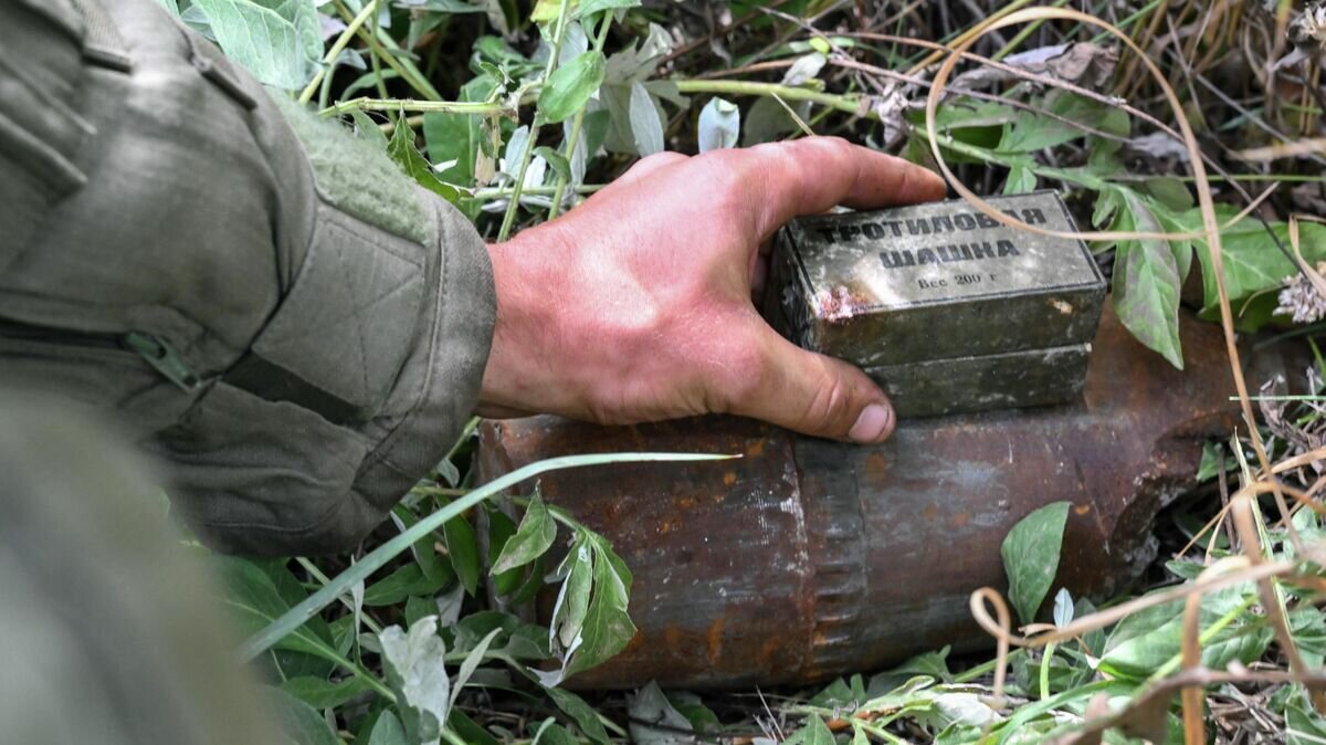    Тротиловая шашка, обнаруженная военнослужащим Международного противоминного центра Вооруженных сил РФ, который проводит разминирование территории завода "Азовмаш"© РИА Новости / Илья Питалев