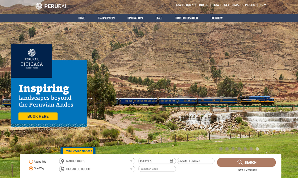Главная страница сайта Peru Rail