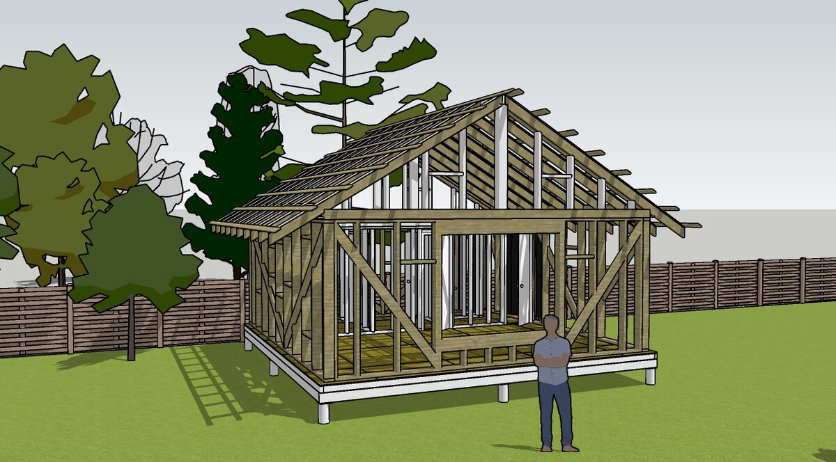 А здесь уже готовы стропила крыши