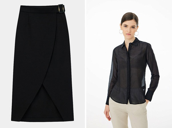 Создать романтичный образ можно, дополнив юбку с запахом полупрозрачной блузой.