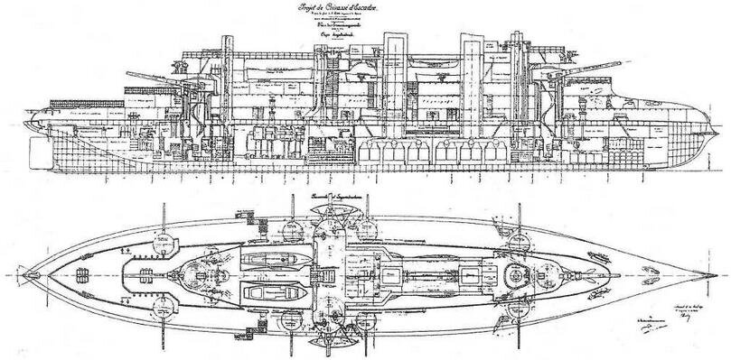 Броненосец Шарль Мартель. Проект от 30 апреля 1890 г. (Продольный разрез и вид сверху)