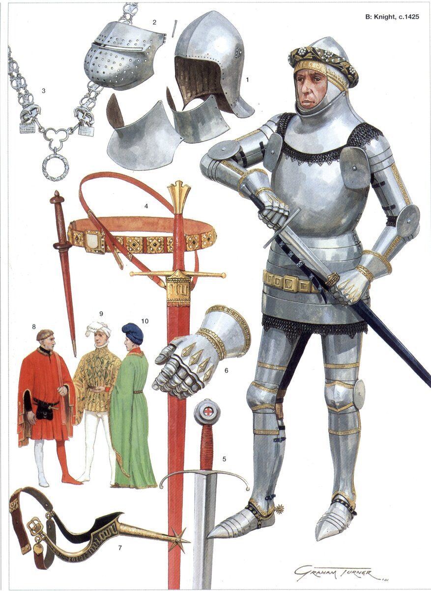 Белый доспех - лучшая защита, на которую могли рассчитывать рыцари в этой битве. Латы покрывают почти всю поверхность тела, немногочисленные щели прикрыты кольчужными вставками. В таких доспехах стрелы почти совсем не страшны, но шотландцы Стюарта на такую броню денег не имели. 