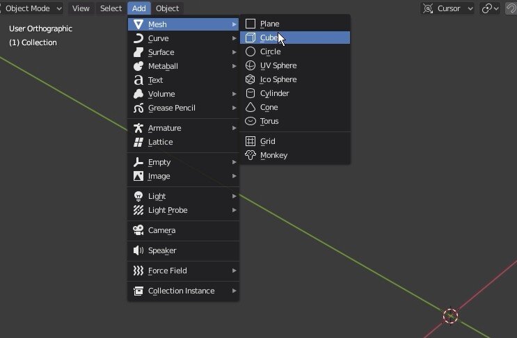 Add > Mesh > Cube или гор.кл. Shift+A > Mesh > Cube