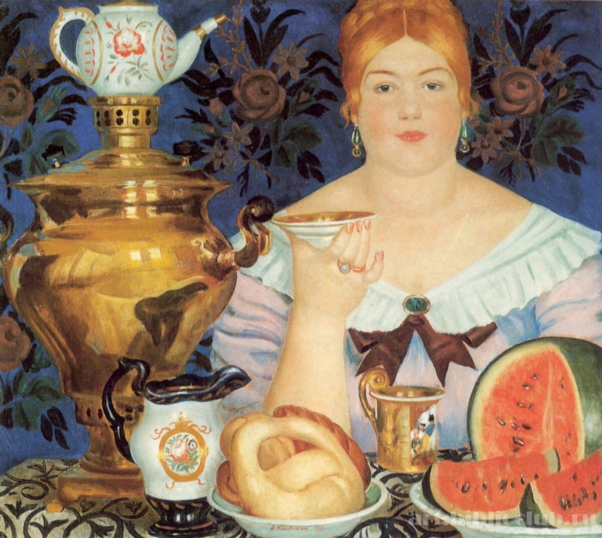 На одной из картин Кустодиева купчиха пьет чай с калачом
