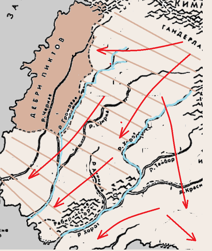 Коричневым отмечены земли пиктов: штрихом до вторжения гиборейцев, сплошным - после. Красные стрелки - вторжение гиборейцев. Голубым - реки Хорот и Громовая (листай дальше, там есть еще)
