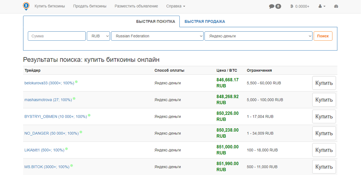 Localbitcoins/ Раздел Покупка биткоина/ Способ оплаты Яндекс.Деньги