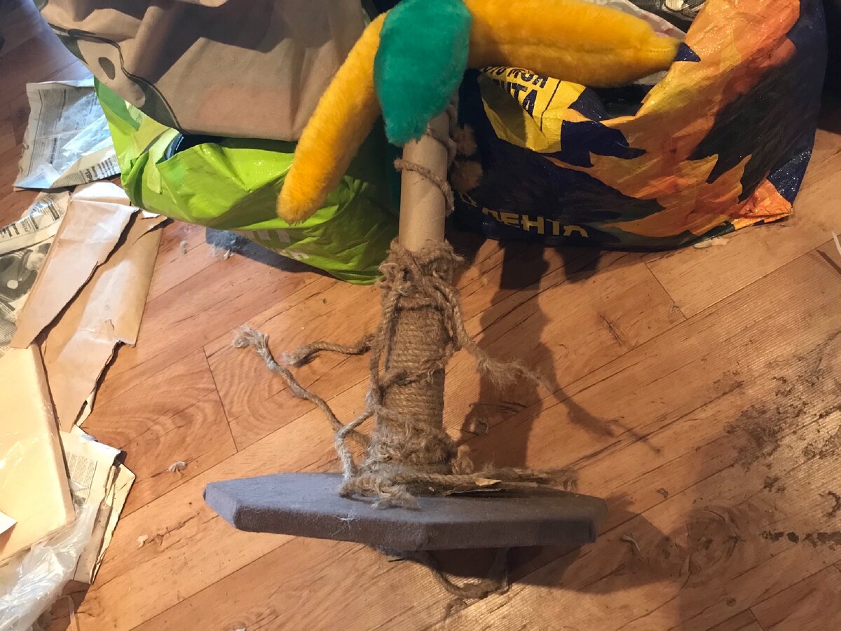 Всего то надо веревку эту закрутить вокруг столбика. Правда веревку Роська уже так изодрал, что она кусками на всему коридору...