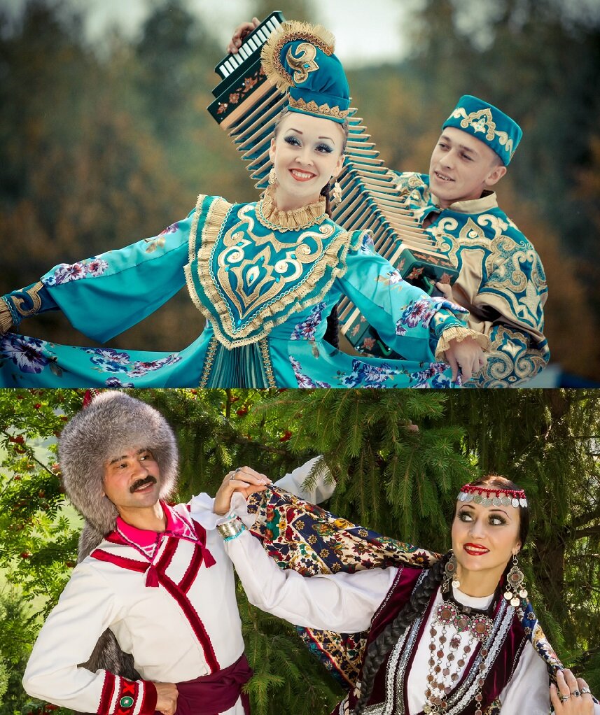 Татары и башкир в сценических, национальных костюмах. 
Фото из открытых источников.