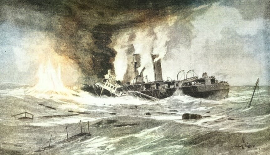 Гибель английского крейсер «Pathfinder», торпедированного германской подводной лодкой U-21, 5 сентября 1914 года (Летопись войны 1914 года)