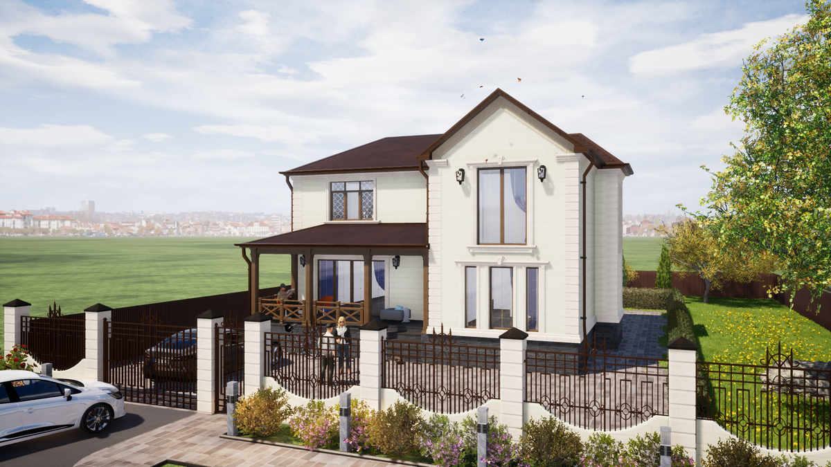 Главный фасад двухэтажного дома 