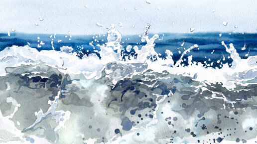 Брызги морской волны акварелью | Рисуем быстро и просто