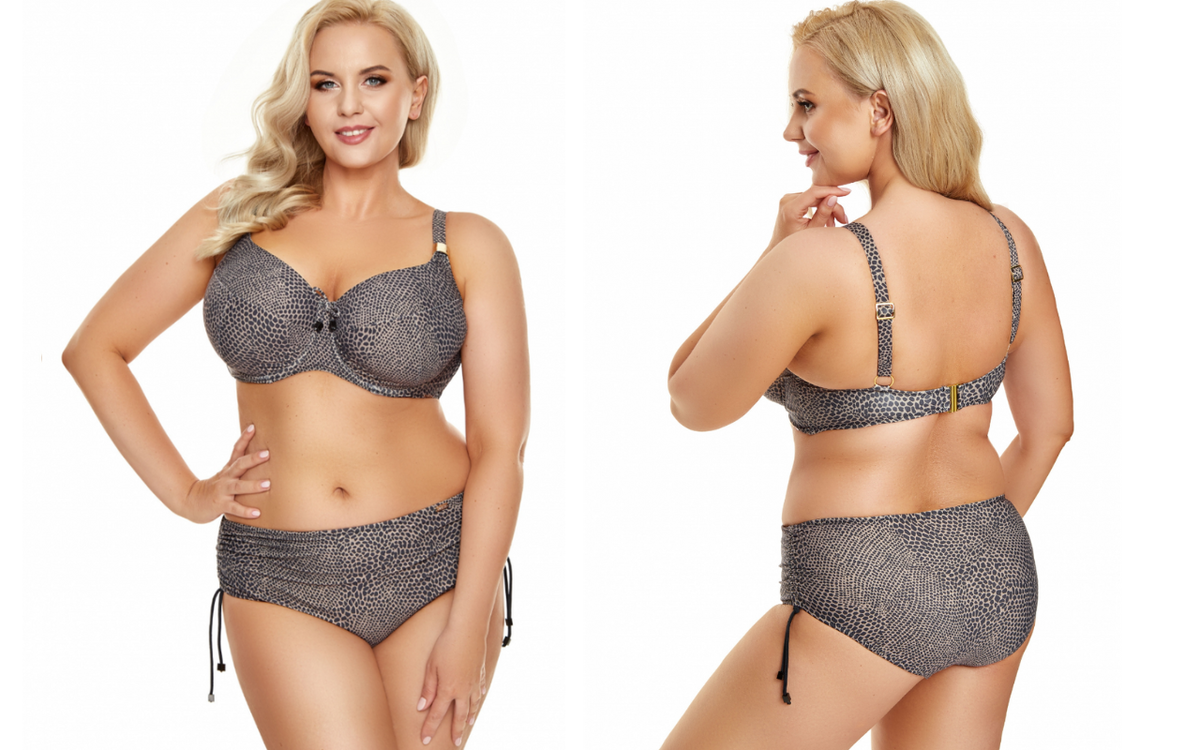 Купальник с плотными чашечками в форме балконет. Собирает и приподнимает грудь. Бретели регулируются по  всей длине. Размеры пояса - от 65 до 85. Размеры чашек от F до H. Несколько  моделей плавок.