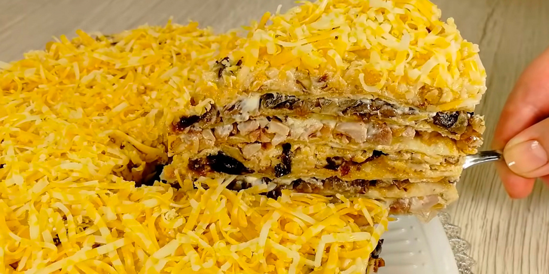 Такую ЗАКУСКУ вы еще не готовили! Сочный, нежный, вкусный Закусочный торт с коржами из лаваша, запеченной курицей и грибами