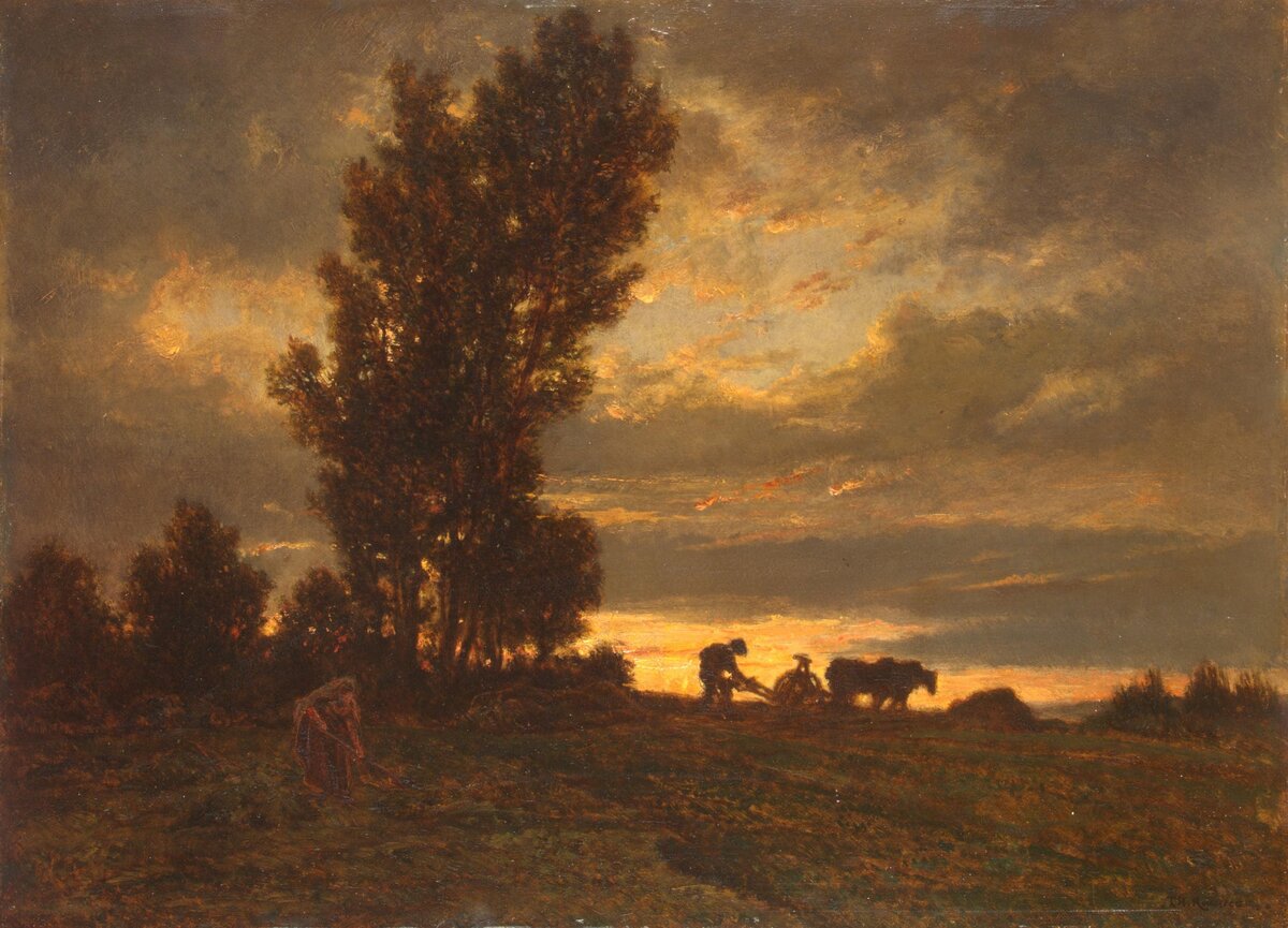 Теодор Руссо. Пейзаж с пахарем. 1860-е. Дерево, масло. 38x51,5 см. Эрмитаж, Санкт-Петербург