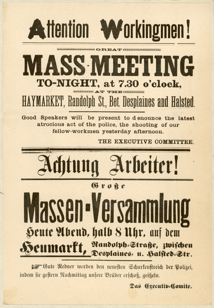 Листовка, призывающая к митингу 4 мая 1886 года на Хеймаркет в Чикаго.