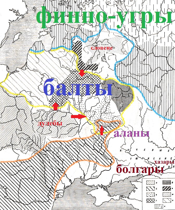 Этническая карта Восточной Европы 8-го века. Жёлтым обведена территория населённая балтами, оранжевым - расселение потомков антов, голубым - южная граница расселения финно-угорских племён. Красными стрелками показаны направления экспансии славян на земли балтов.