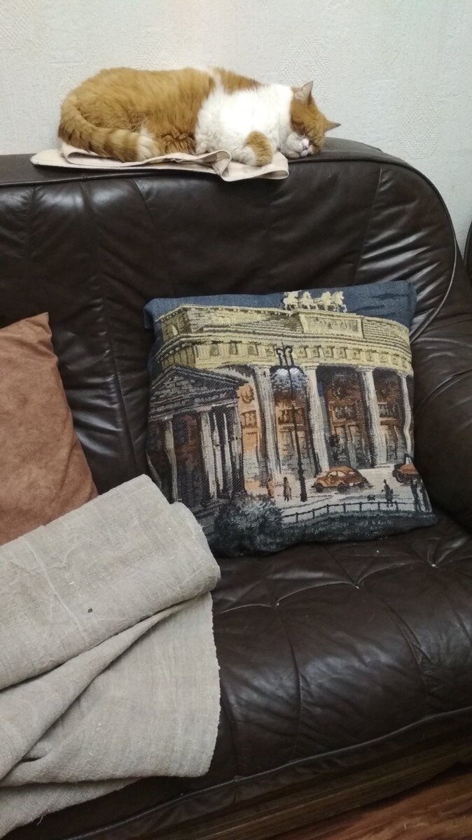 На этой фотографии ещё не законченная на момент высылки мне фотографий подушка из моего гобелена с ночным городом. 