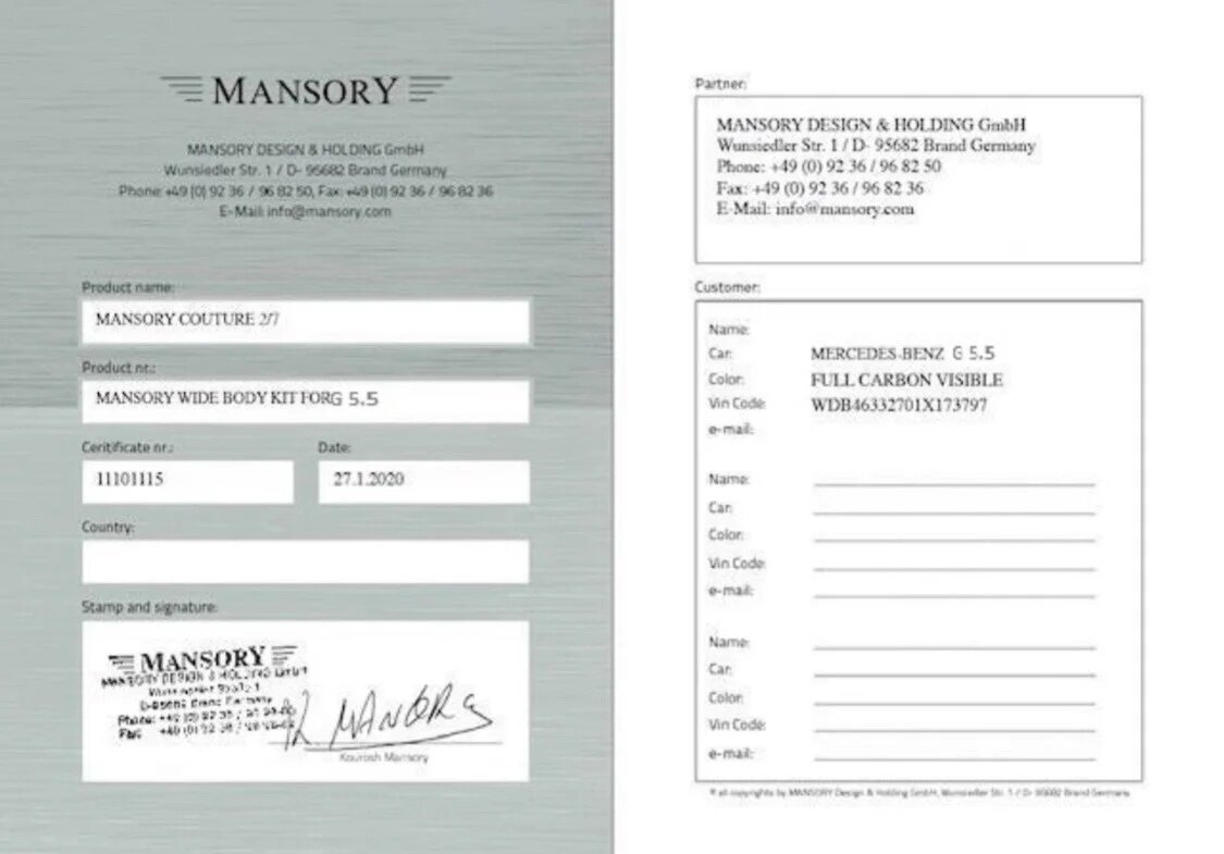 Документы от тюнинг-ателье Mansory